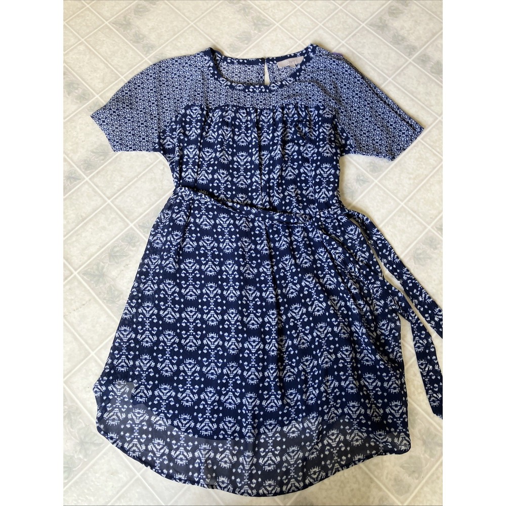 LOFT Geometric Shift Dress Blue loose w/ Slip Belted Tribal Print vacation loose